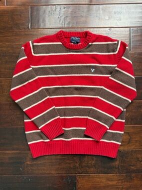 American Eagle Outfitters Red and Brown Striped Crewneck Sweater